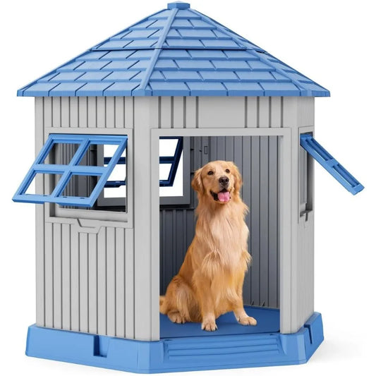 Dog House Outdoor Resin Puppy Shelter with Air Vents and Elevated Floor Sturdy Durable Waterproof Dog Kennel for Small Medium L