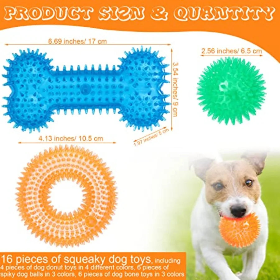 16 Pcs Dog Squeaky Toys Bulk Set Spiky Dogs Donut Bone Teething Toys Squeaky Balls TPR Rubber Toss Fetch for Puppy Small Medium