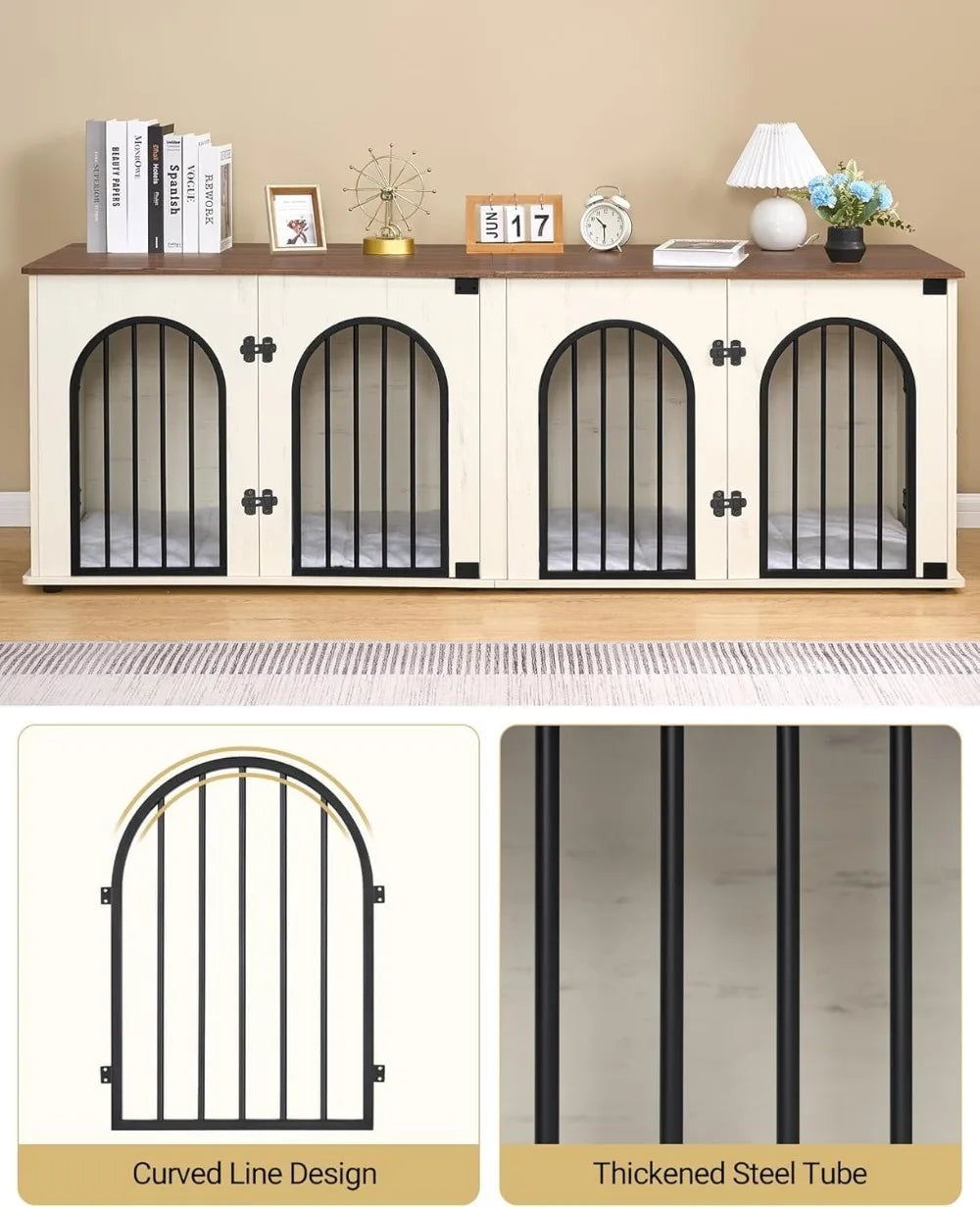 71" Heavy Duty Indoor Dog Kennel Furniture for 2 Dogs, XL Wooden Cage with Divider, TV Stand End Table, White Brown