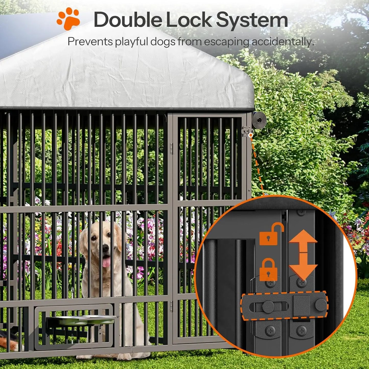 Outdoor Dog Kennel with Cover, 6.6 x 6.6 x 6.4 ft Dog Kennel Outside with Waterproof Roof and Rotating Feeding, Customized