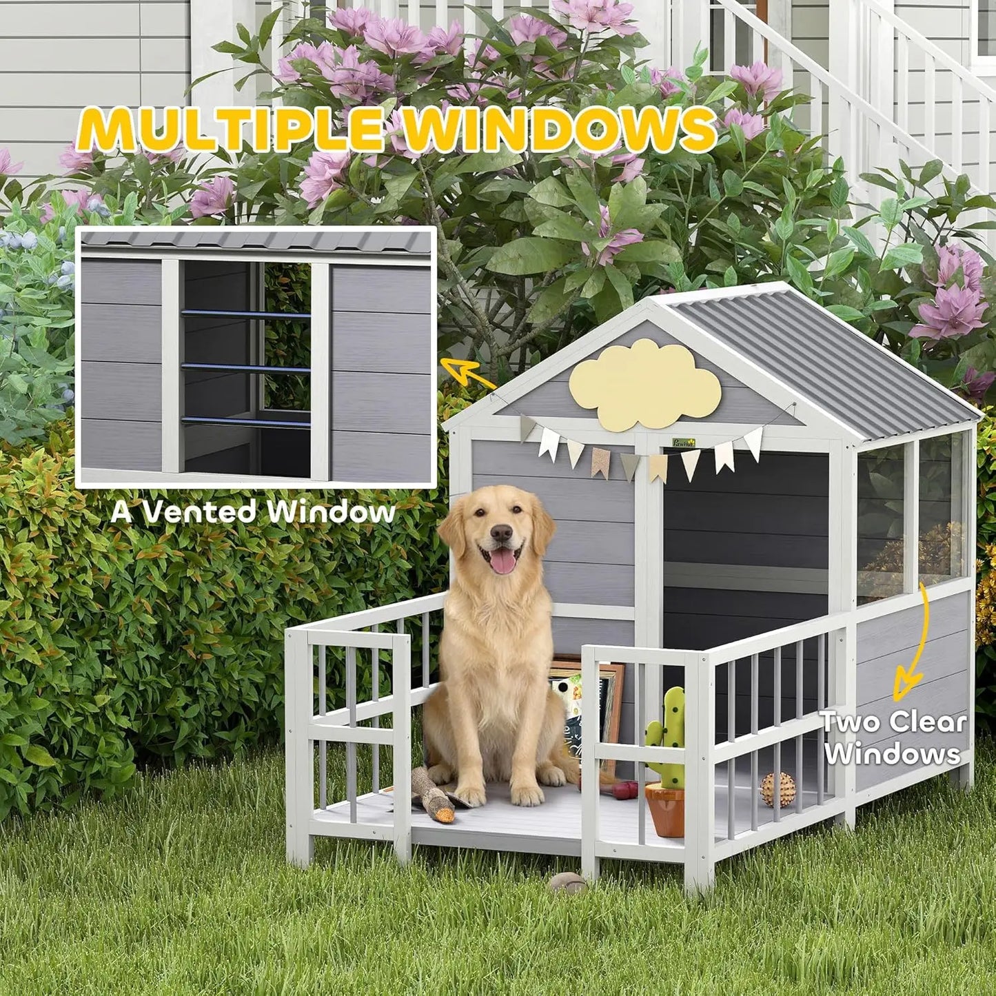 Dog House Outdoor Indoor, 61" x 41" x 47" Wooden Dog Shelter with Porch, Weatherproof Roof, Elevated Floor, Air, Customized