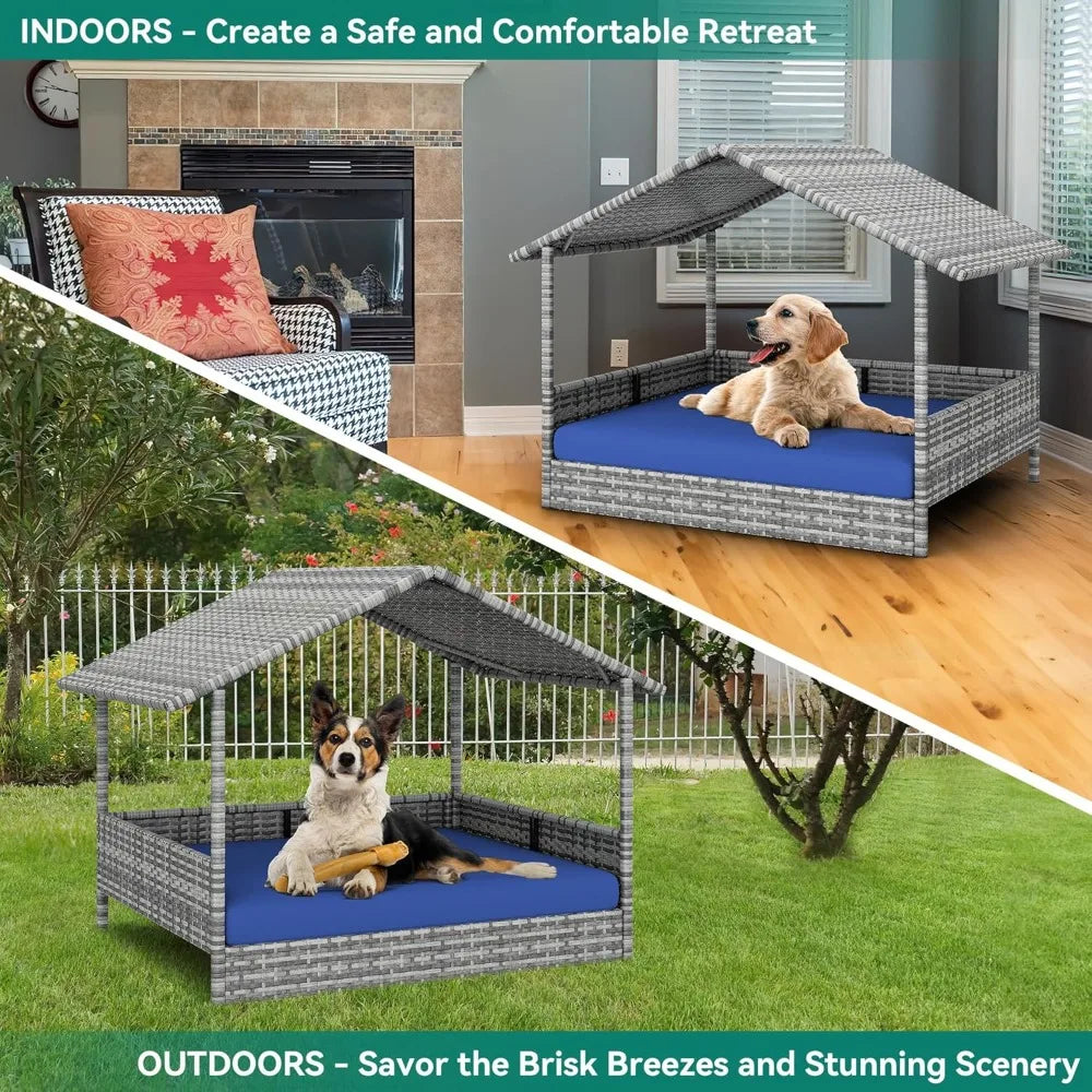 Large Wicker Dog House with Cushion Outdoor Indoor Rattan Doghouse Elevated Raised Dog Bed with Canopy Water Unaffected