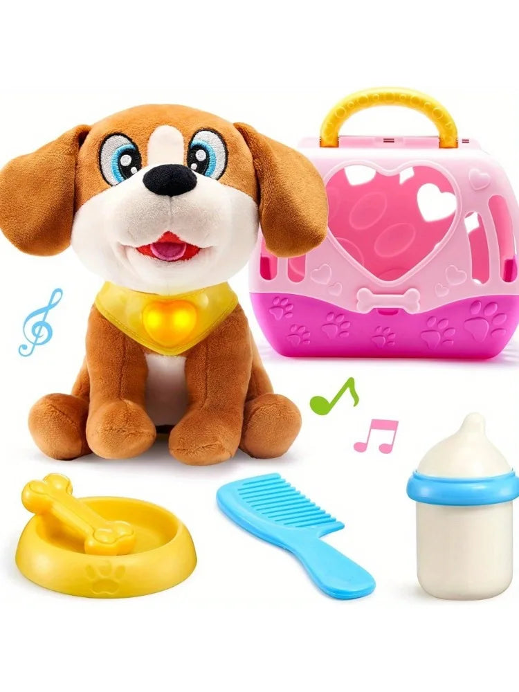 JOYFY Play Puppy Dog Toys with Carrier & Accessories Plush Dog with Interactive Button Lights Sounds or Kids Birthday Gifts