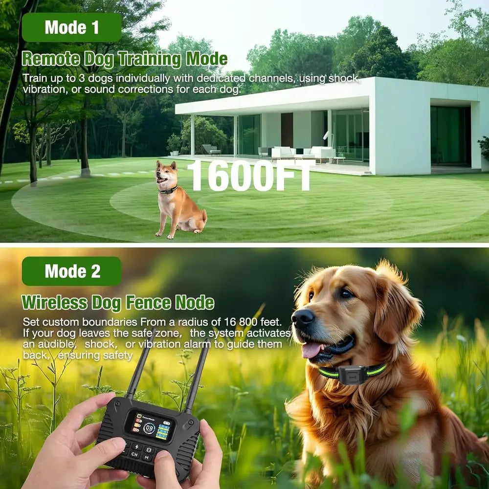 Portable 2.4GHz Wireless Dog Fence System with Waterproof, Rechargeable Collar and 3 Dog Training Collars
