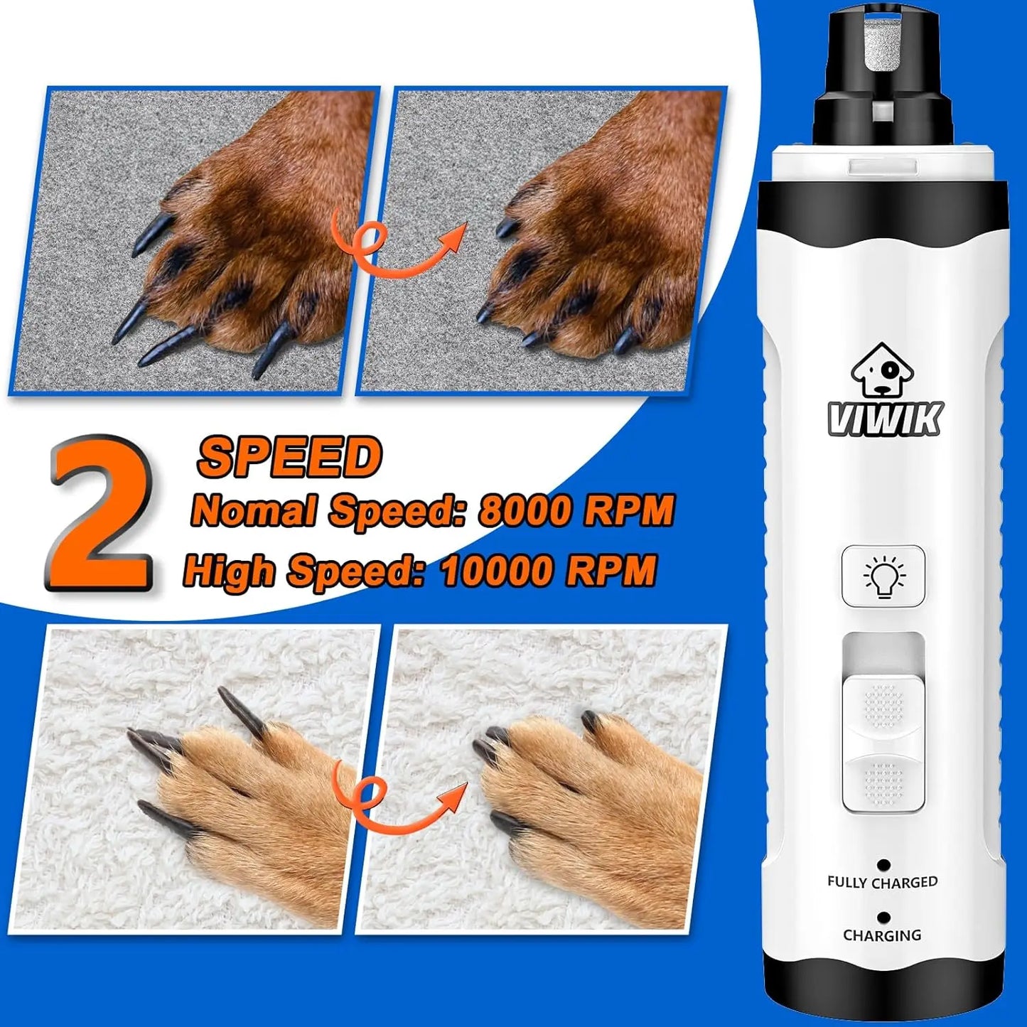 Electric Pet Nail Trimmer with Light, Quiet 2-Speed Grinder for Dogs & Cats, Grooming Supplies for All Sizes