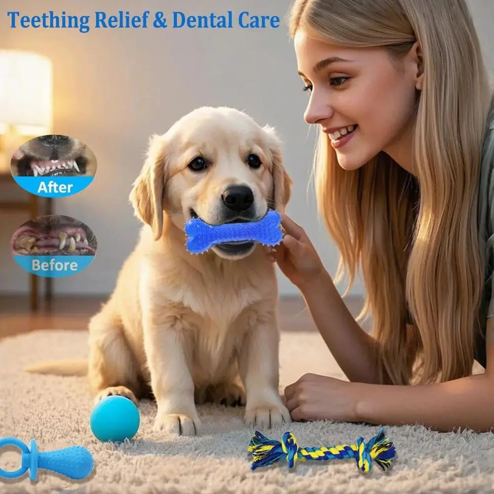 20 Pack Puppy Chew Toys - Blue Dog Teething Toys for Puppies, Teething Rings and Ropes, Rubber Toy Bundle for Small Dogs, Cute I