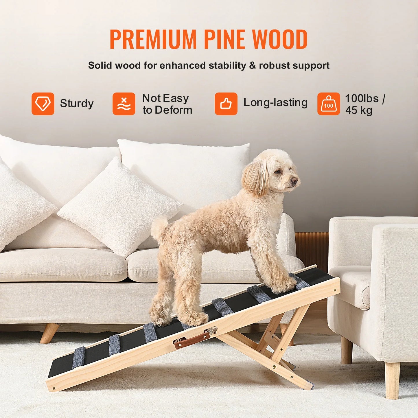 SucceBuy Dog Ramp Folding Ladder Anti-slip High Adjustable Wooden Pet Ramp Removable for Small Old Dog Climb Stairs Sofa Car Bed