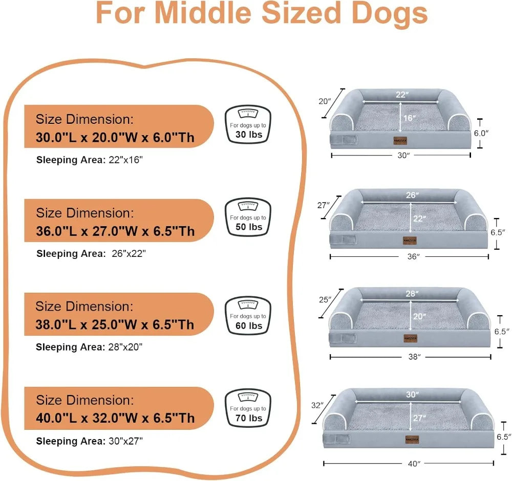 Orthopedic Dog Bed for Large Dogs, 36x27in, Light Grey, Egg Crate Foam, 3-Sided Bolster, Waterproof, Washable