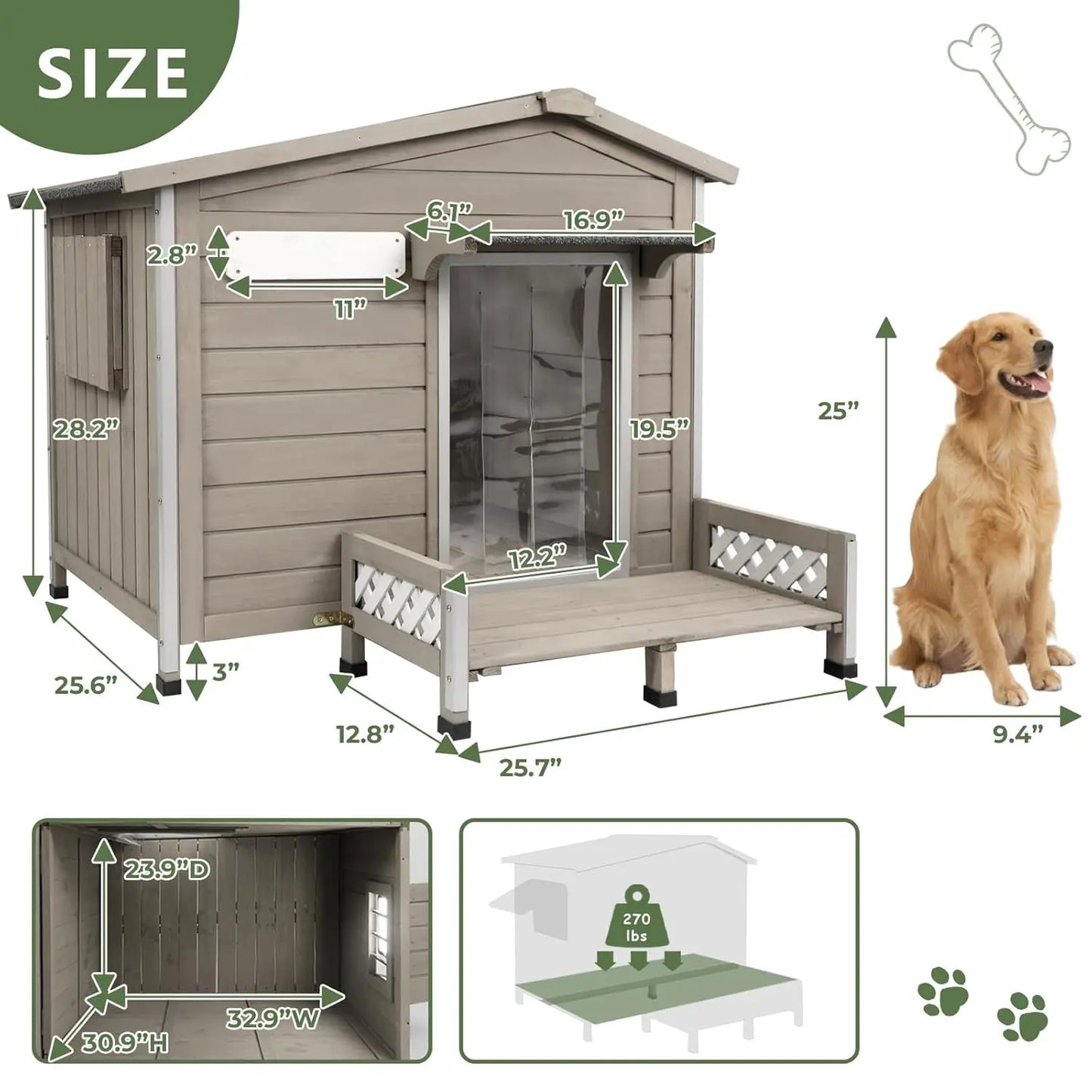 Weatherproof Dog House Outdoor Wooden Chew-Proof Iron Frame, Removable Floor and Adjustable Window for Small Medium, Customized