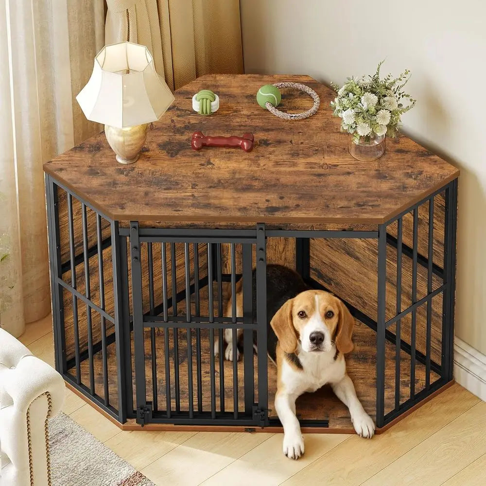 Corner Dog Crate Furniture with Barn Door, Heavy Duty Dog Kennel Indoor, Wooden Decorative Pet Cage for Small Medium Dogs, Space