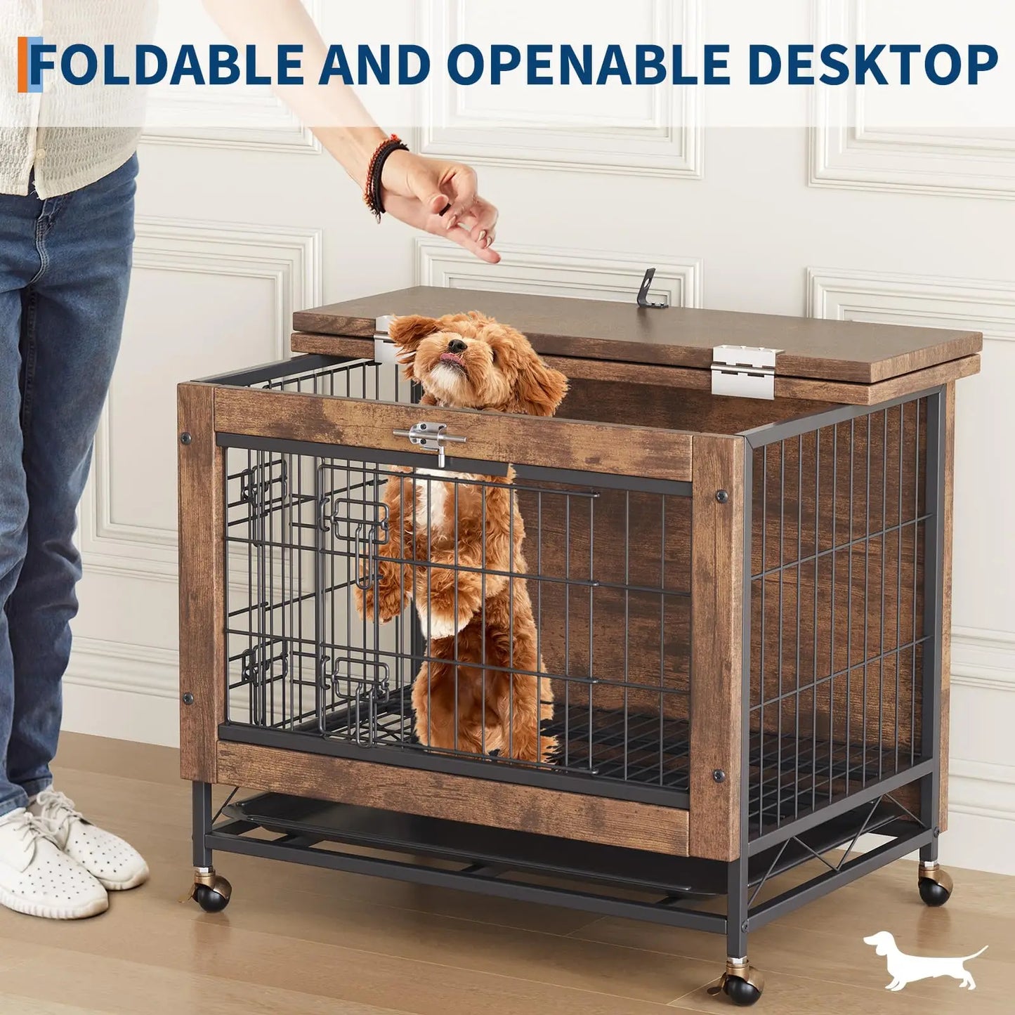 26" Double-Door Pet Cage With Wheels Wooden Dog House Side Table For Small Medium Dogs Chew-Resistant Crate With Pull-Out Tray