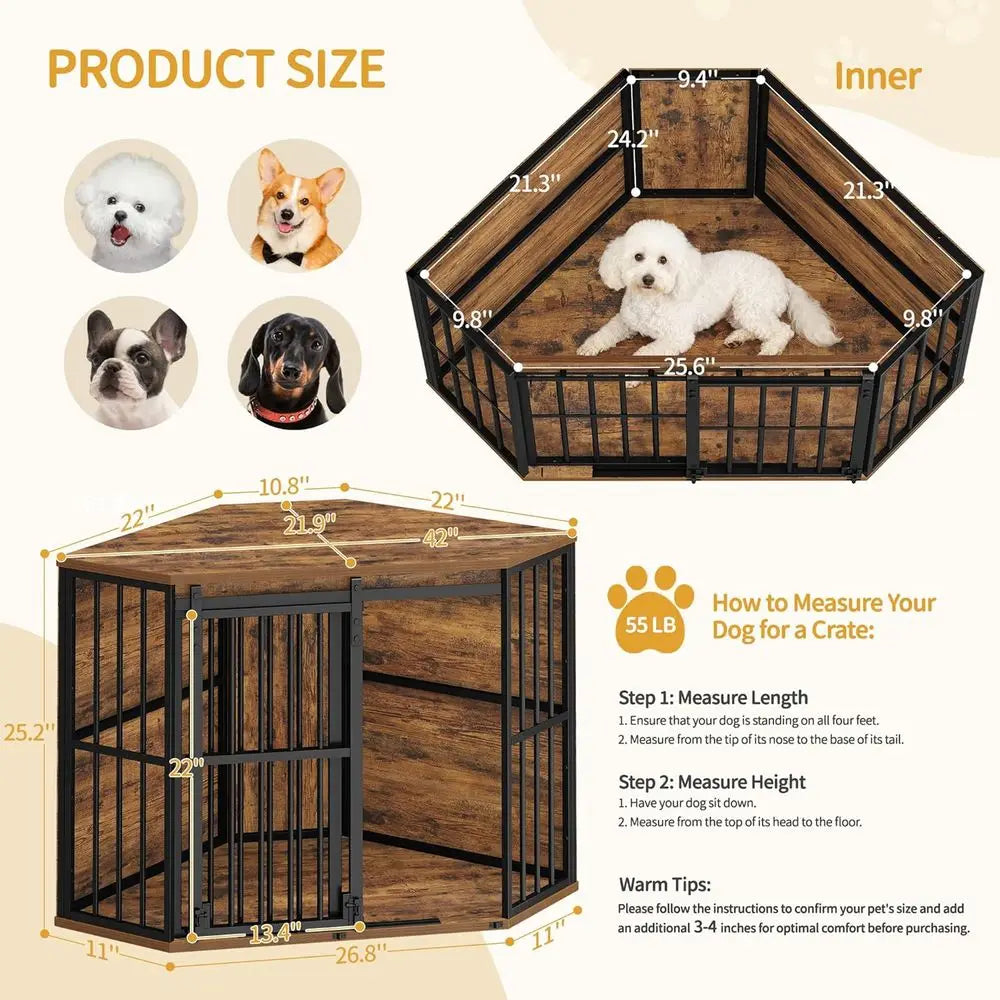 Corner Dog Crate Furniture with Barn Door, Heavy Duty Dog Kennel Indoor, Wooden Decorative Pet Cage for Small Medium Dogs, Space