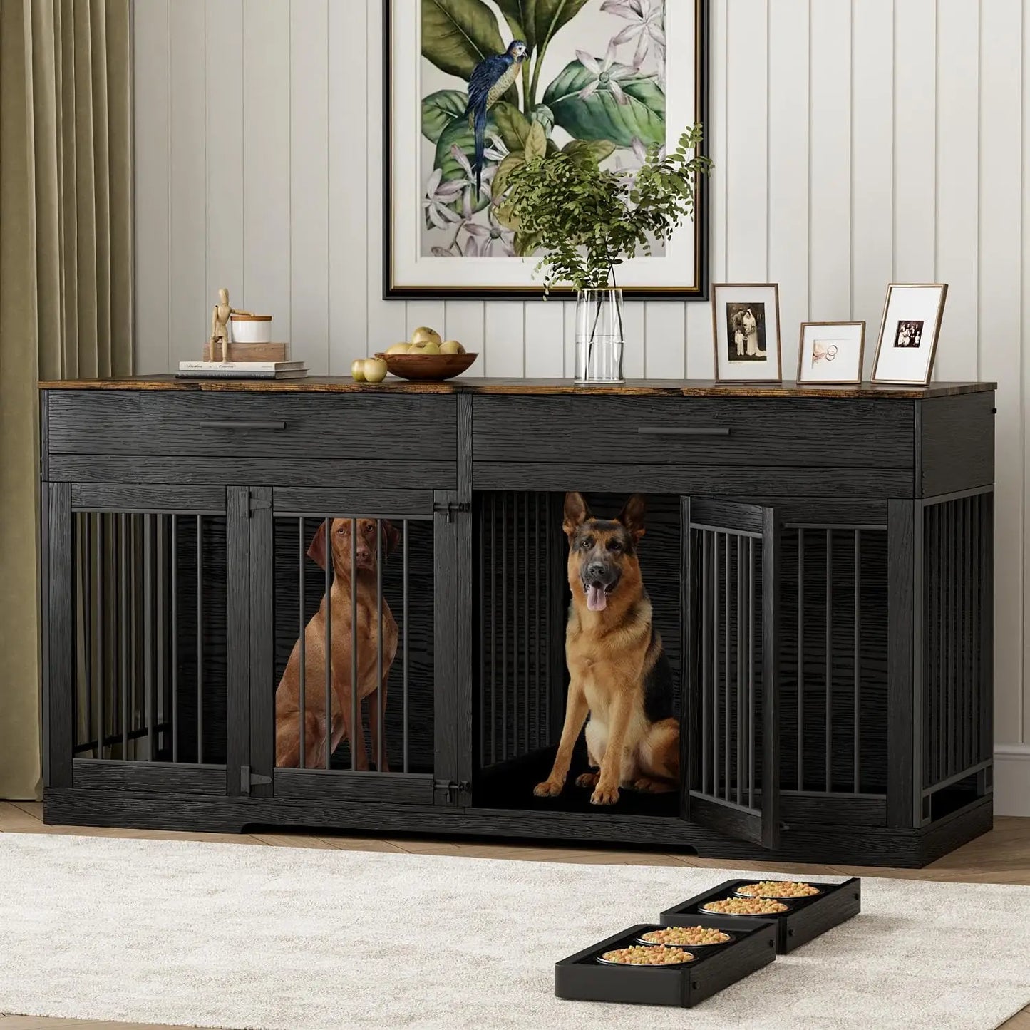 72" Double Dog Crate Furniture with Drawers & Bowls, Wooden Kennel Divider, Indoor Pet House TV Stand Medium Dogs, Custom