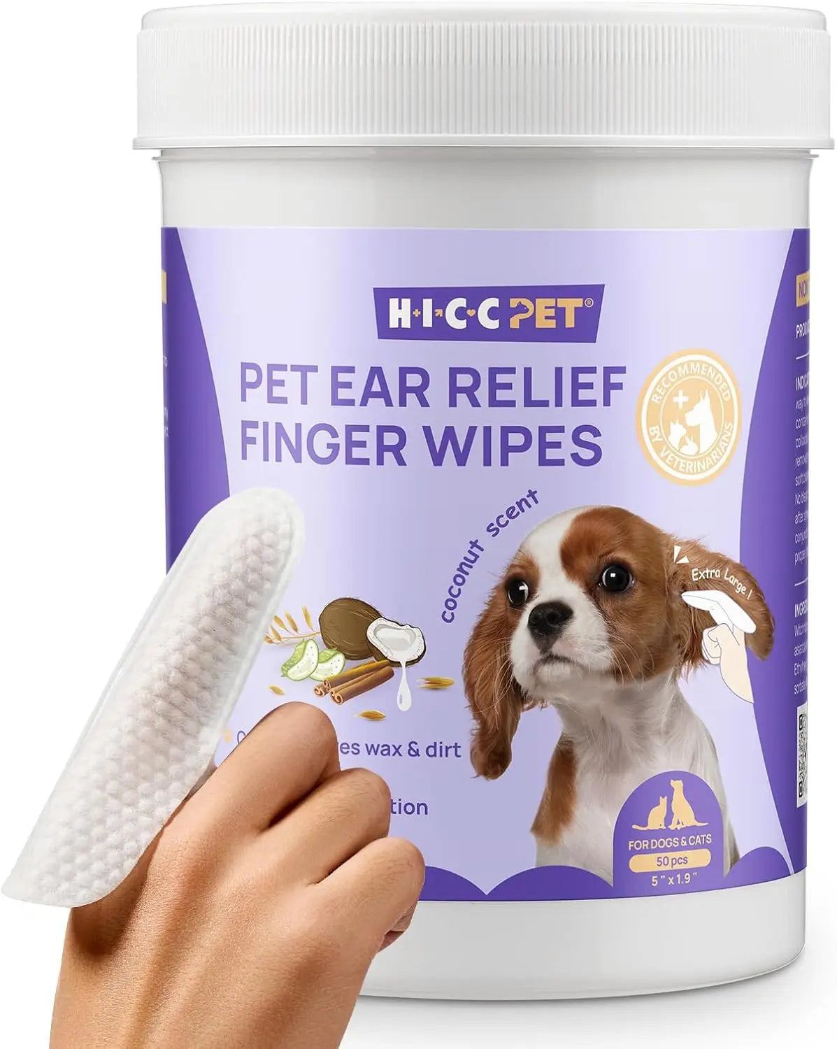 Pet Ear Cleaner Finger Wipes for Dogs & Cats, Vet-Recommended, Relief Itching & Inflammation, 50ct (Coconut Scent)