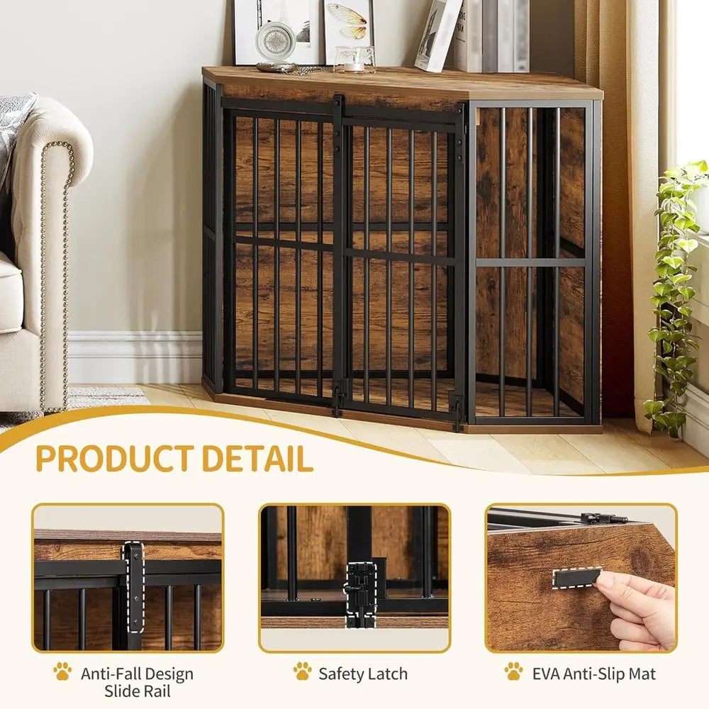 Corner Dog Crate Furniture with Barn Door, Heavy Duty Dog Kennel Indoor, Wooden Decorative Pet Cage for Small Medium Dogs, Space