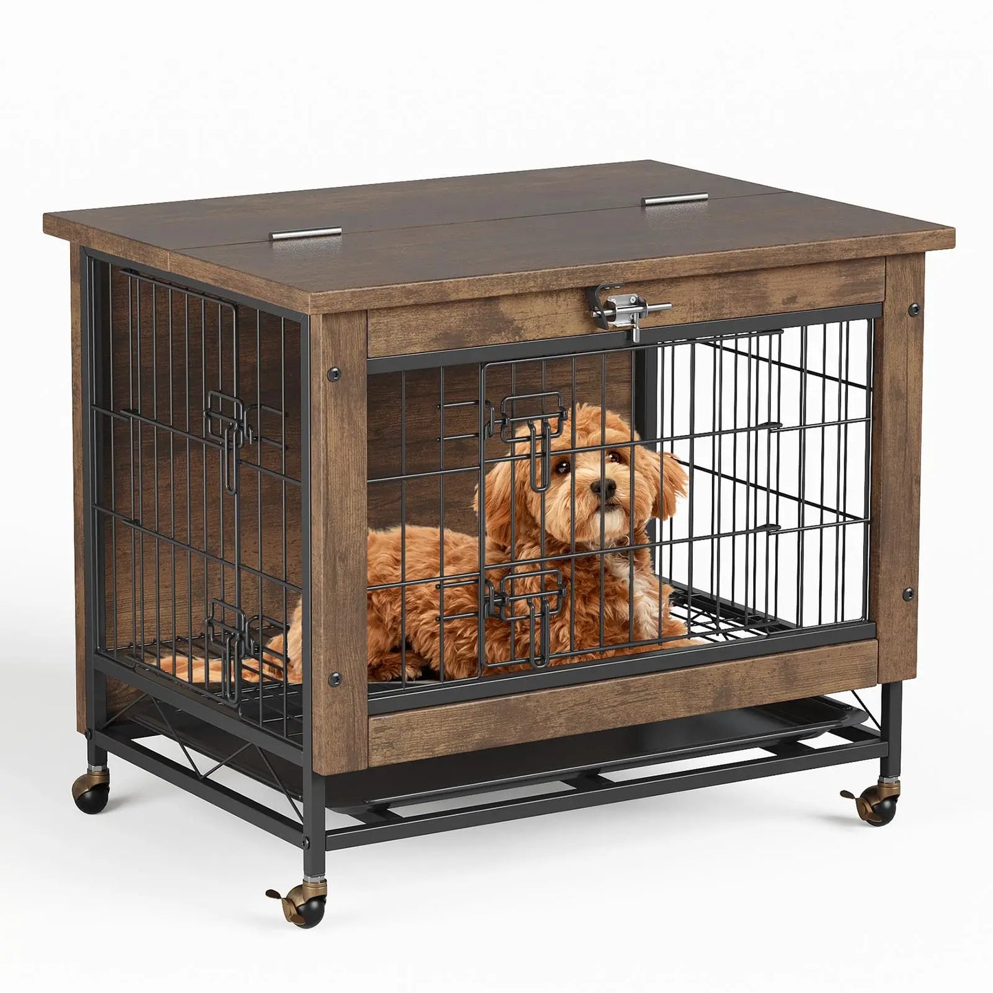 26" Double-Door Pet Cage With Wheels Wooden Dog House Side Table For Small Medium Dogs Chew-Resistant Crate With Pull-Out Tray