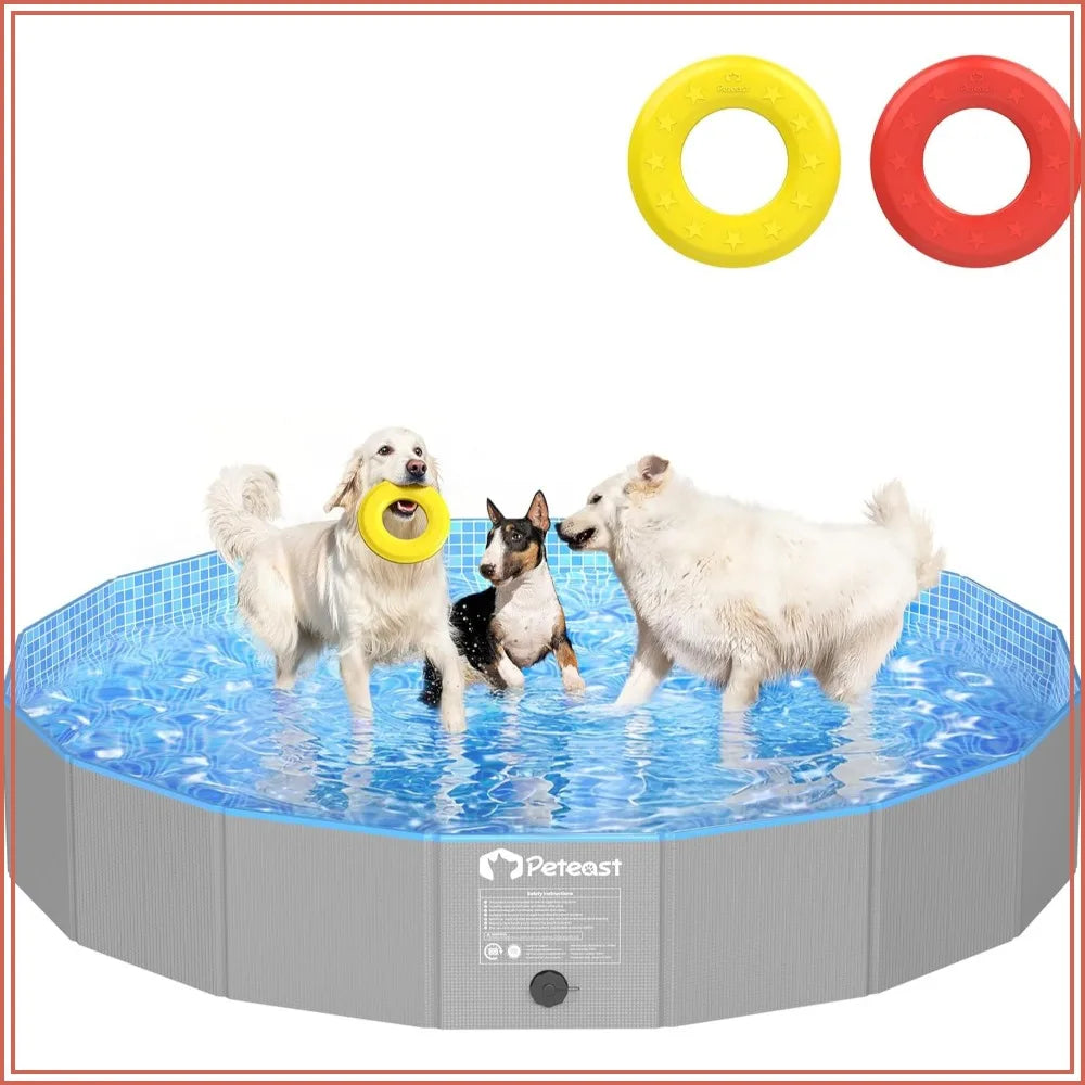 Foldable Dog Pool with 2 Flying Disks, Durable Hard Plastic Swimming Pools for Large Dogs, Collapsible Pet Pool for Backyard & Indoor, 71 in