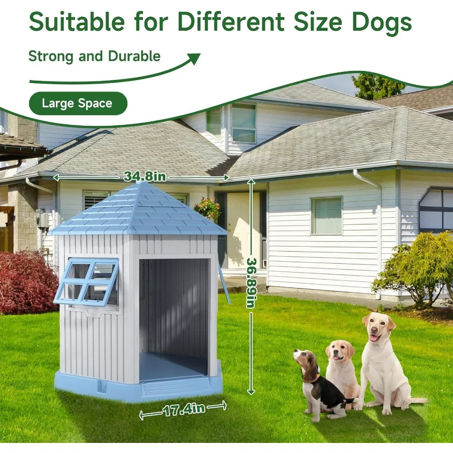 Dog House Outdoor Resin Puppy Shelter with Air Vents and Elevated Floor Sturdy Durable Waterproof Dog Kennel for Small Medium L
