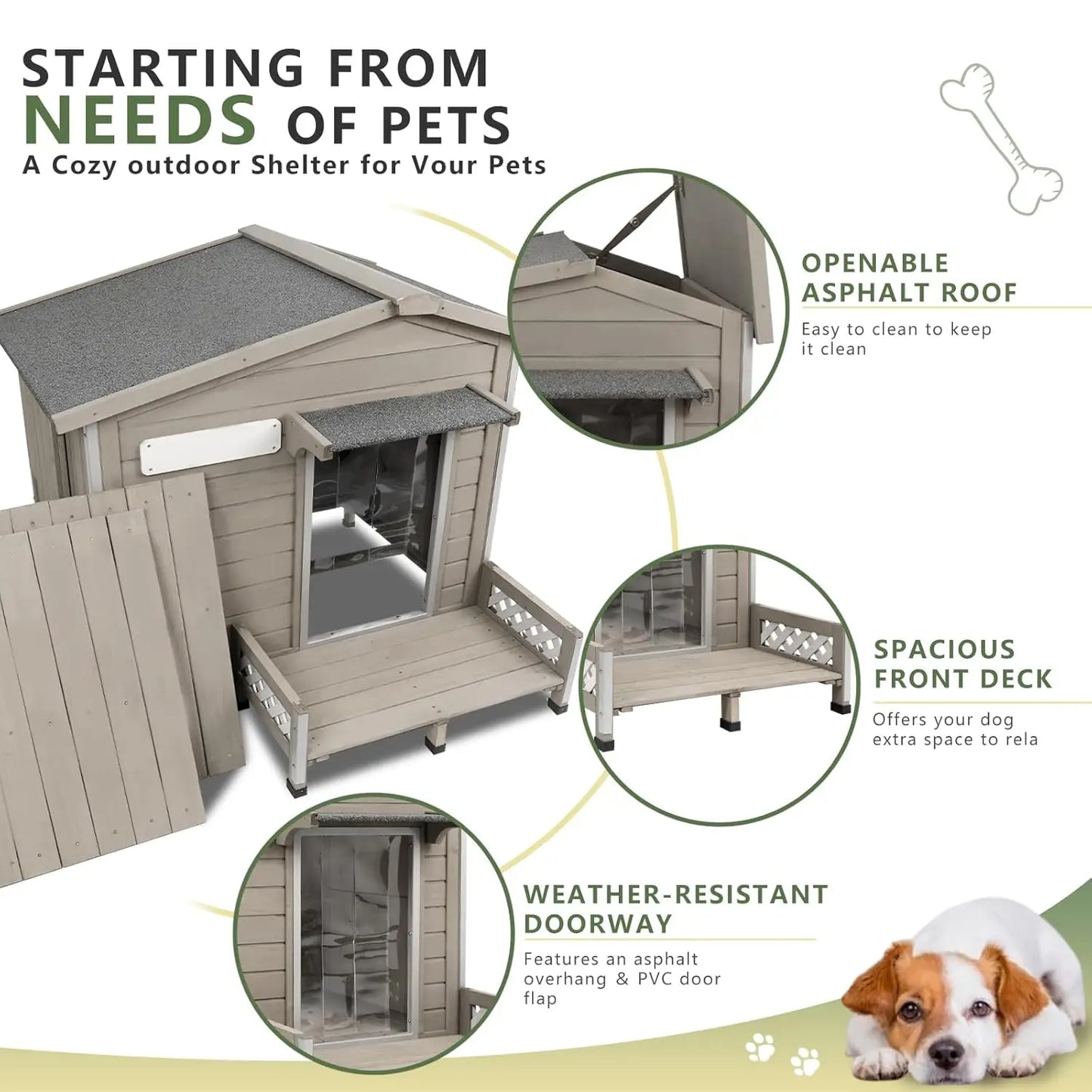 Weatherproof Dog House Outdoor Wooden Chew-Proof Iron Frame, Removable Floor and Adjustable Window for Small Medium, Customized