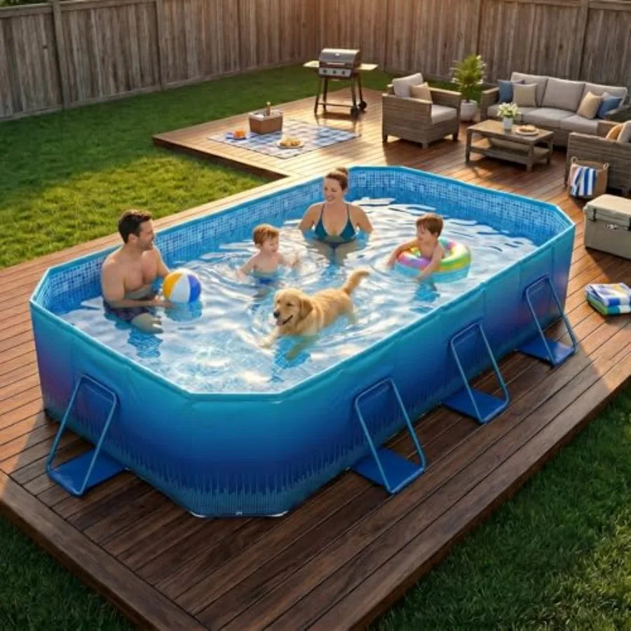 Backyard swimming pool for kids adults and dogs; metal frame with thick PVC material; blue color; non-inflatable foldable colla
