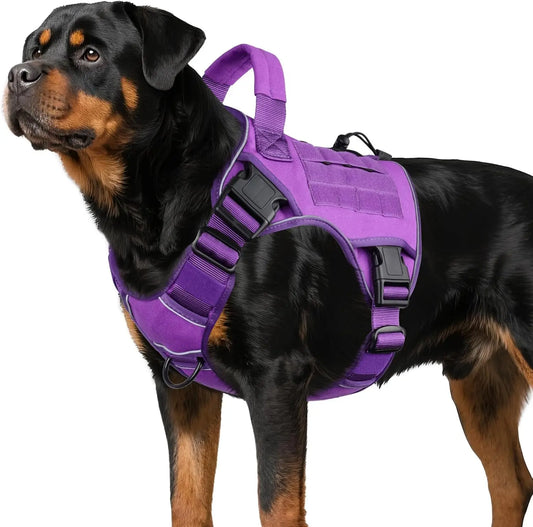 Purple Tactical Dog Harness for Large Dogs, Heavy Duty No Pull with Handle, Adjustable Reflective Vest for Husky, Doberman