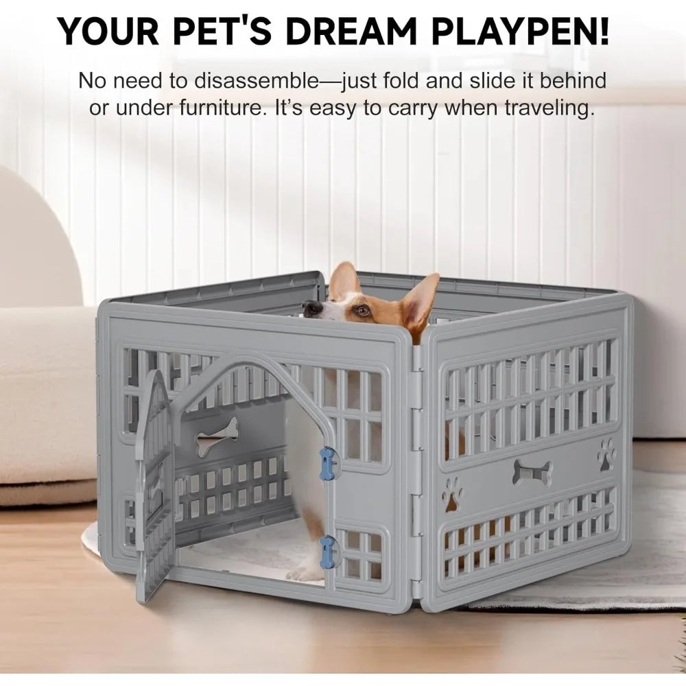 24" Height 4 Panel Dog Playpen with Door,Thickened Material,Resin Dog Play Pen for Small and Medium Dogs,Portable