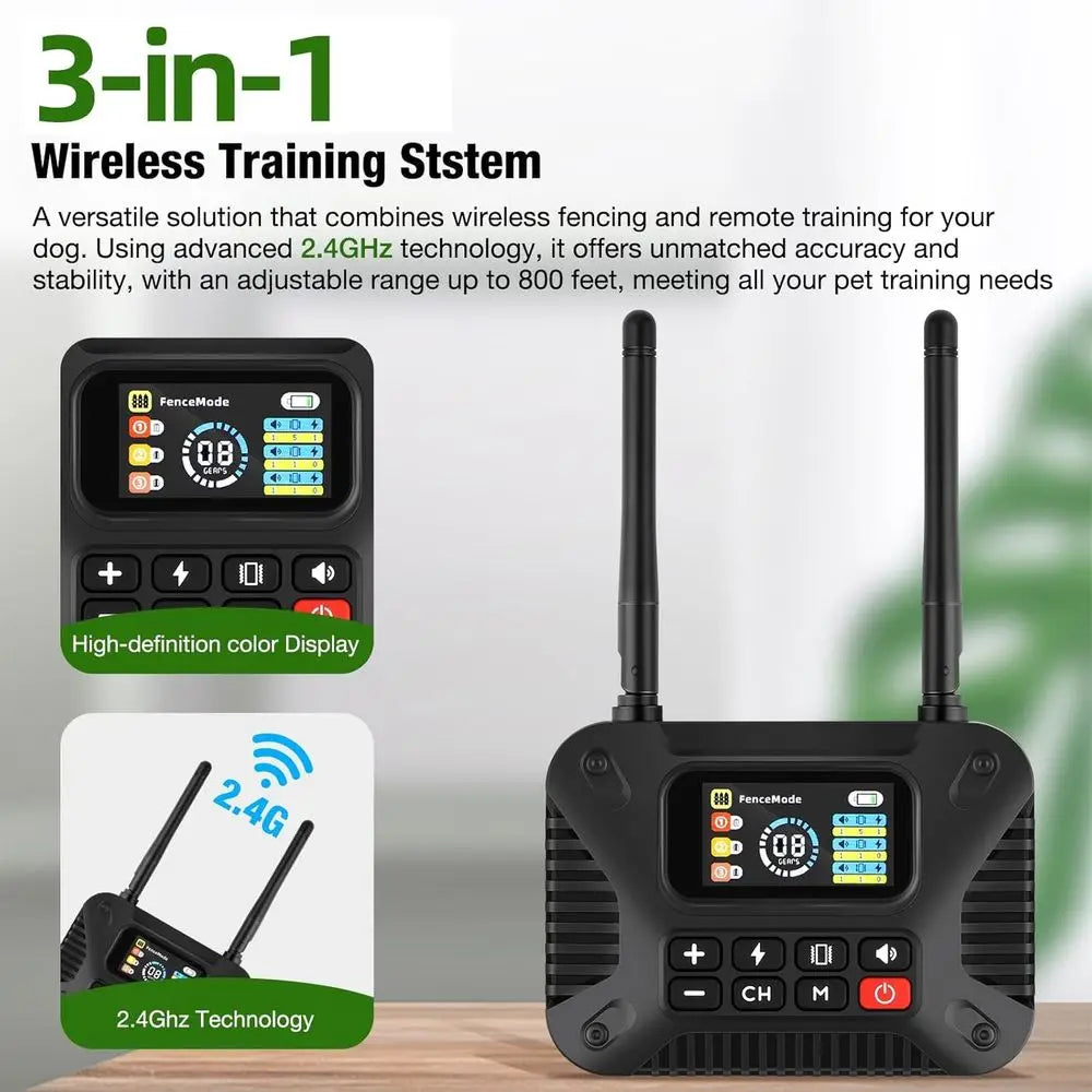Portable 2.4GHz Wireless Dog Fence System with Waterproof, Rechargeable Collar and 3 Dog Training Collars