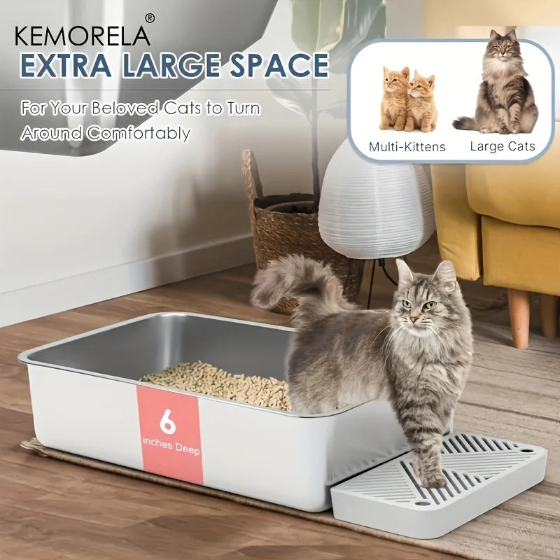 1PC 6-Inch LStainless Steel Cat Litter Box with Scoop Pedal - Extra Large High-Sided Rectangular Design Non-Stick Easy-Clean