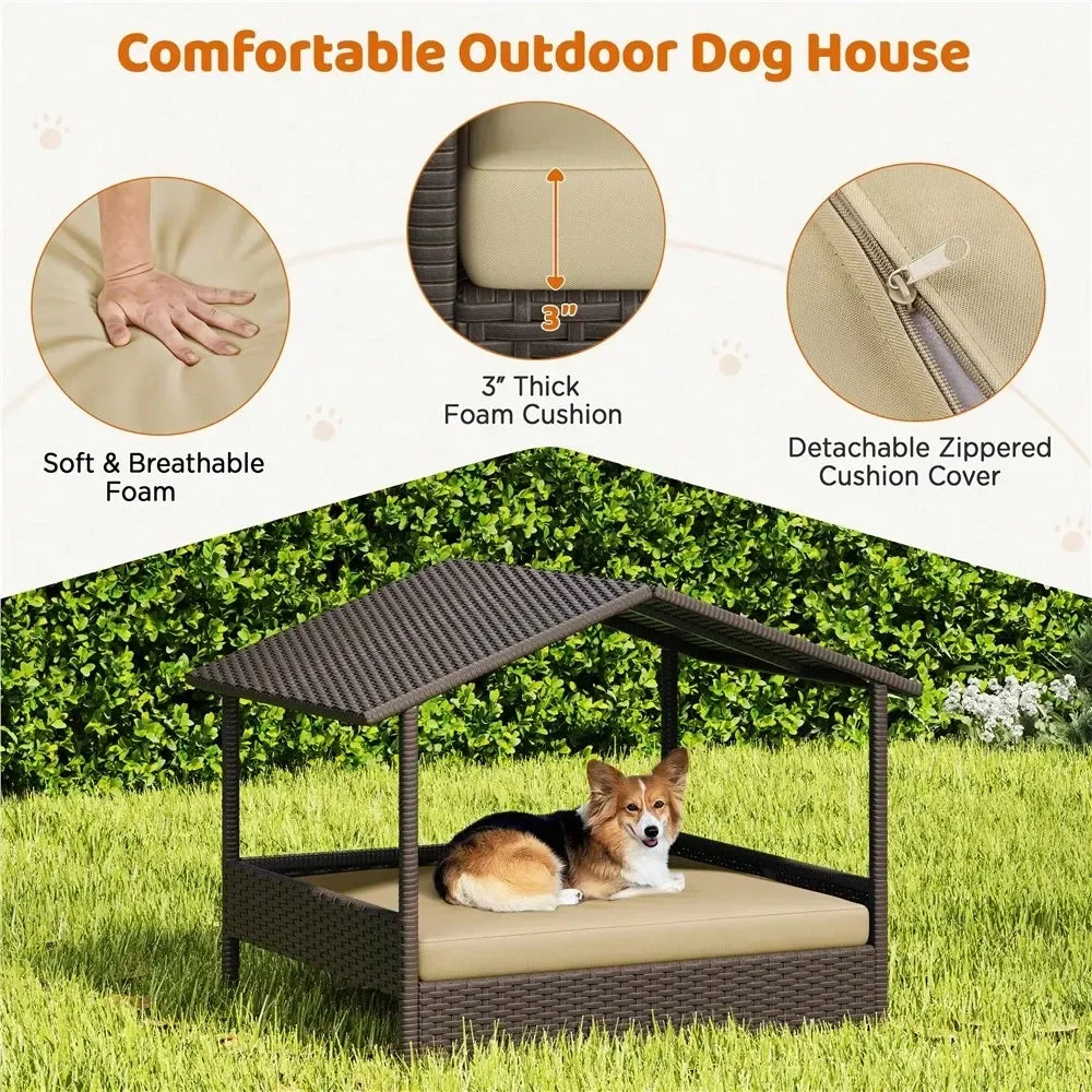 Dog House Dog Kennel OutdoorRattan Dog House Outdoor Pet House Raised Dog Bed With Foam Cushion Canopy Outdoor Elevated Pet Bed