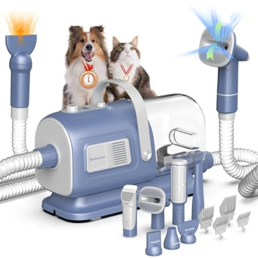 7 in 1 Dog Grooming Vacuum and Dryer Kit with Clippers for Pet Hair Shedding Brush Remover Tools at Home Blue Grey