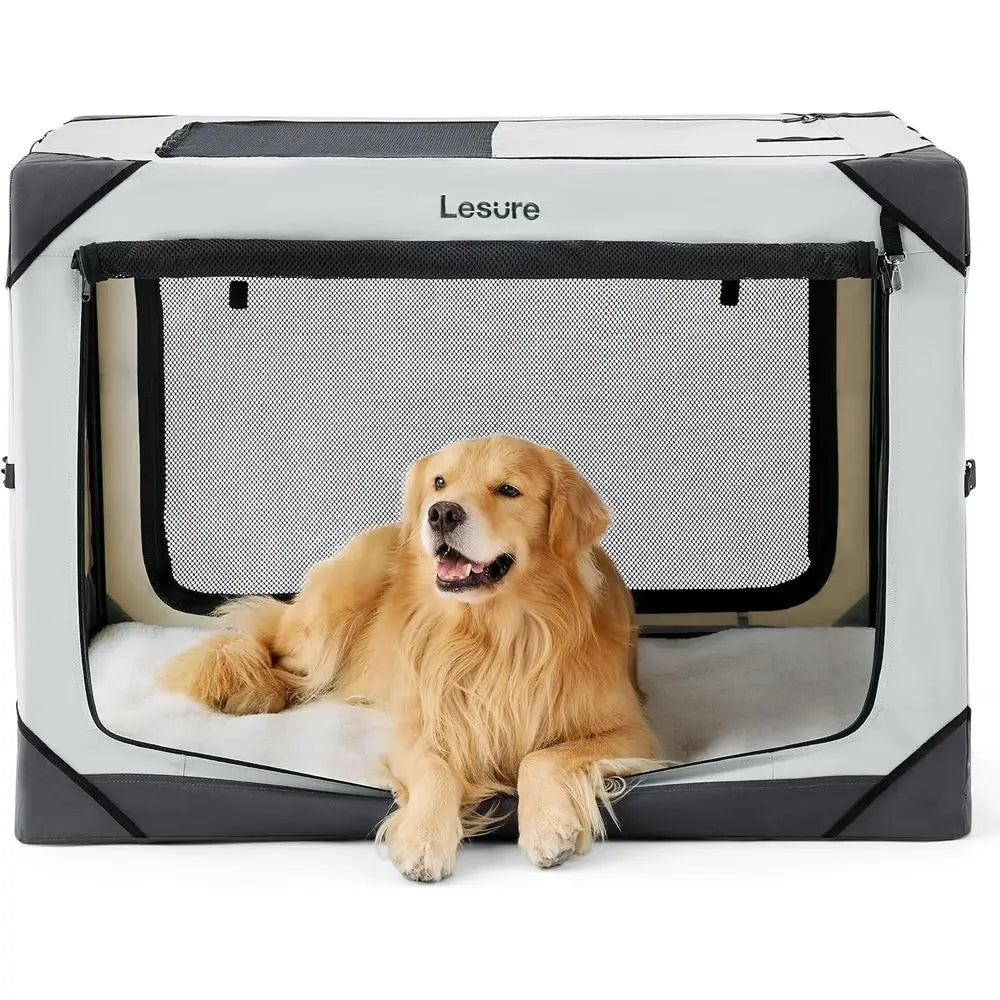 Portable Extra Large Dog Crate with 4-Door Access and Mesh Windows - Ideal for Travel and Outdoor Use in Light Gray