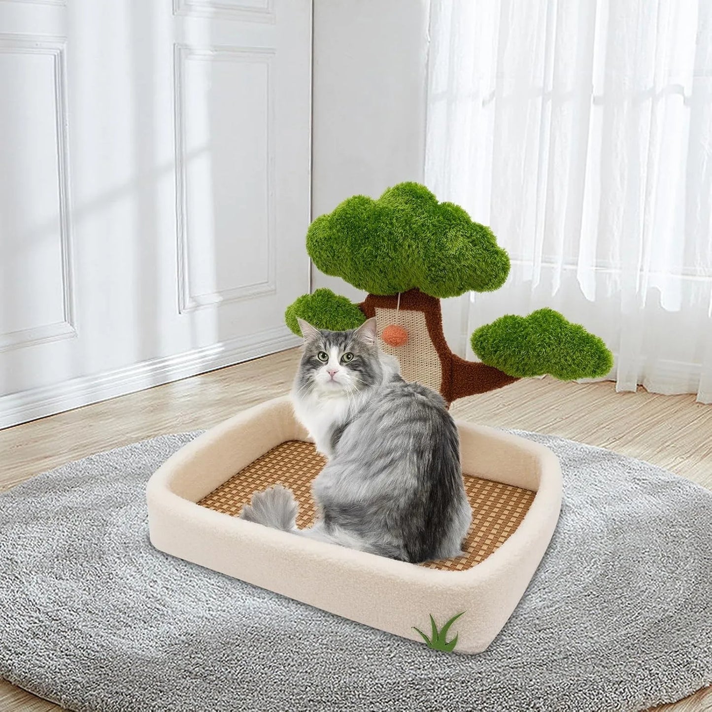 Luxury Cat House with Pine Tree Scratching Post, 24.8" Plush Velvet Bed & Sisal Scratcher for Indoor Cats, Includes Dangling Toy