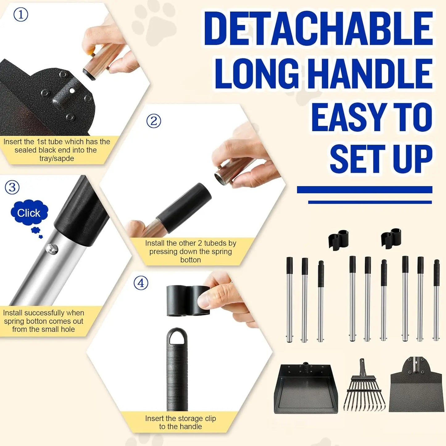 Adjustable Long Handle Dog Poop Scooper Set with Tray, Rake, Spade - Easy Waste Cleanup for Large & Small Dogs