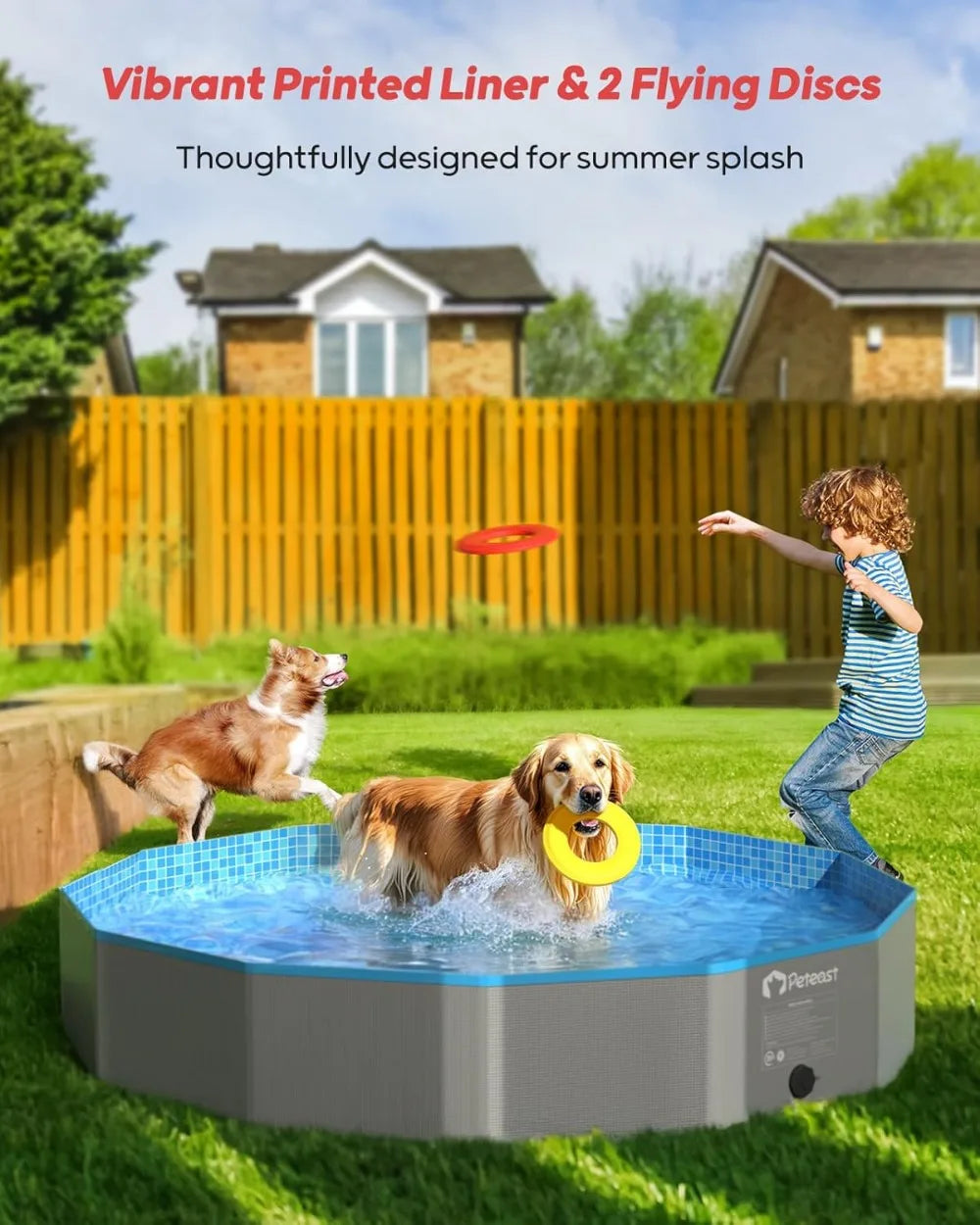 Foldable Dog Pool with 2 Flying Disks, Durable Hard Plastic Swimming Pools for Large Dogs, Collapsible Pet Pool for Backyard & Indoor, 71 in