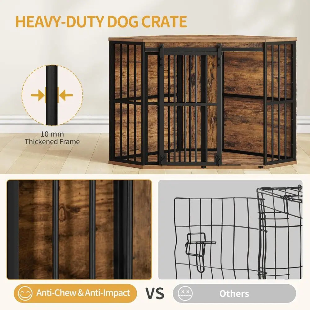 Corner Dog Crate Furniture with Barn Door, Heavy Duty Dog Kennel Indoor, Wooden Decorative Pet Cage for Small Medium Dogs, Space