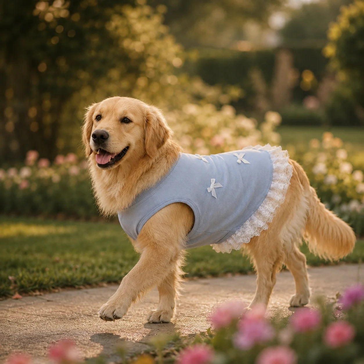 Cute Light Blue Dog Vest Shirt with Lace Hem and Bowknots, Spring Summer Outfit for Large Dogs, Labrador, Golden Retriever
