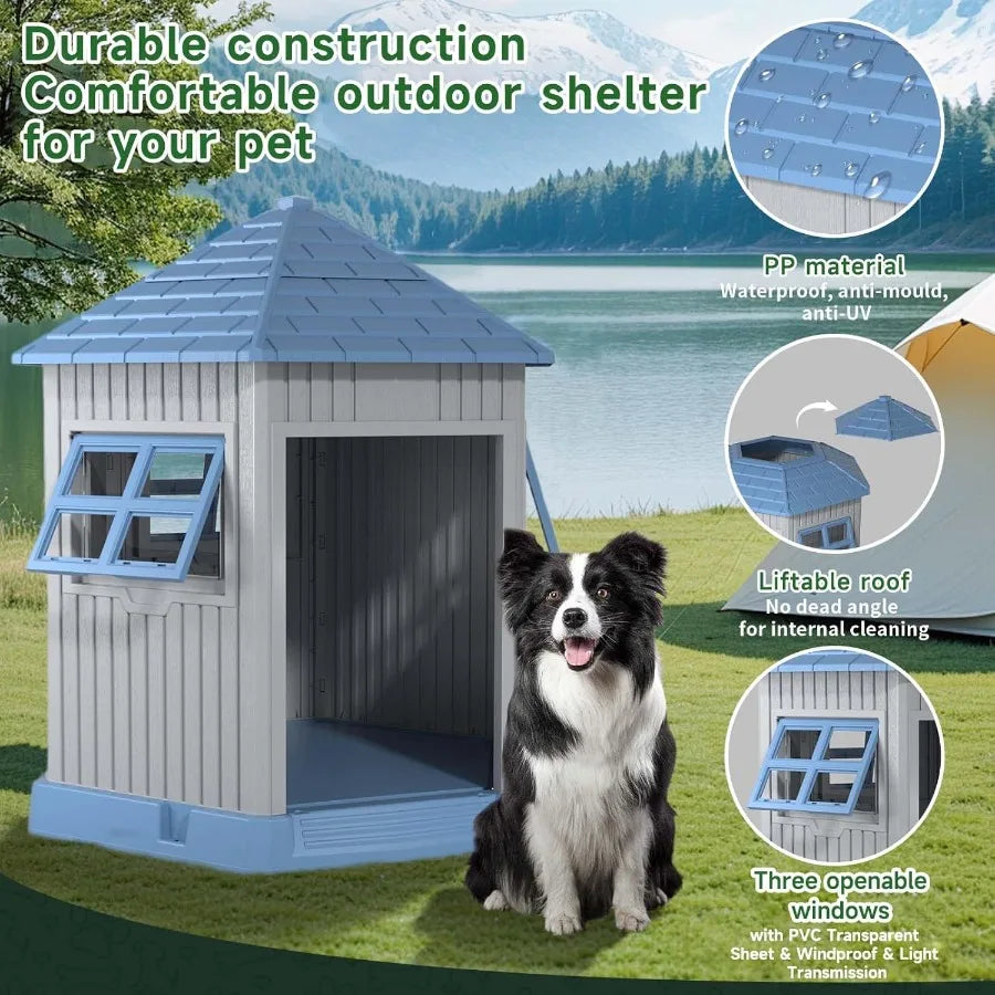 Dog House Outdoor Resin Puppy Shelter with Air Vents and Elevated Floor Sturdy Durable Waterproof Dog Kennel for Small Medium L