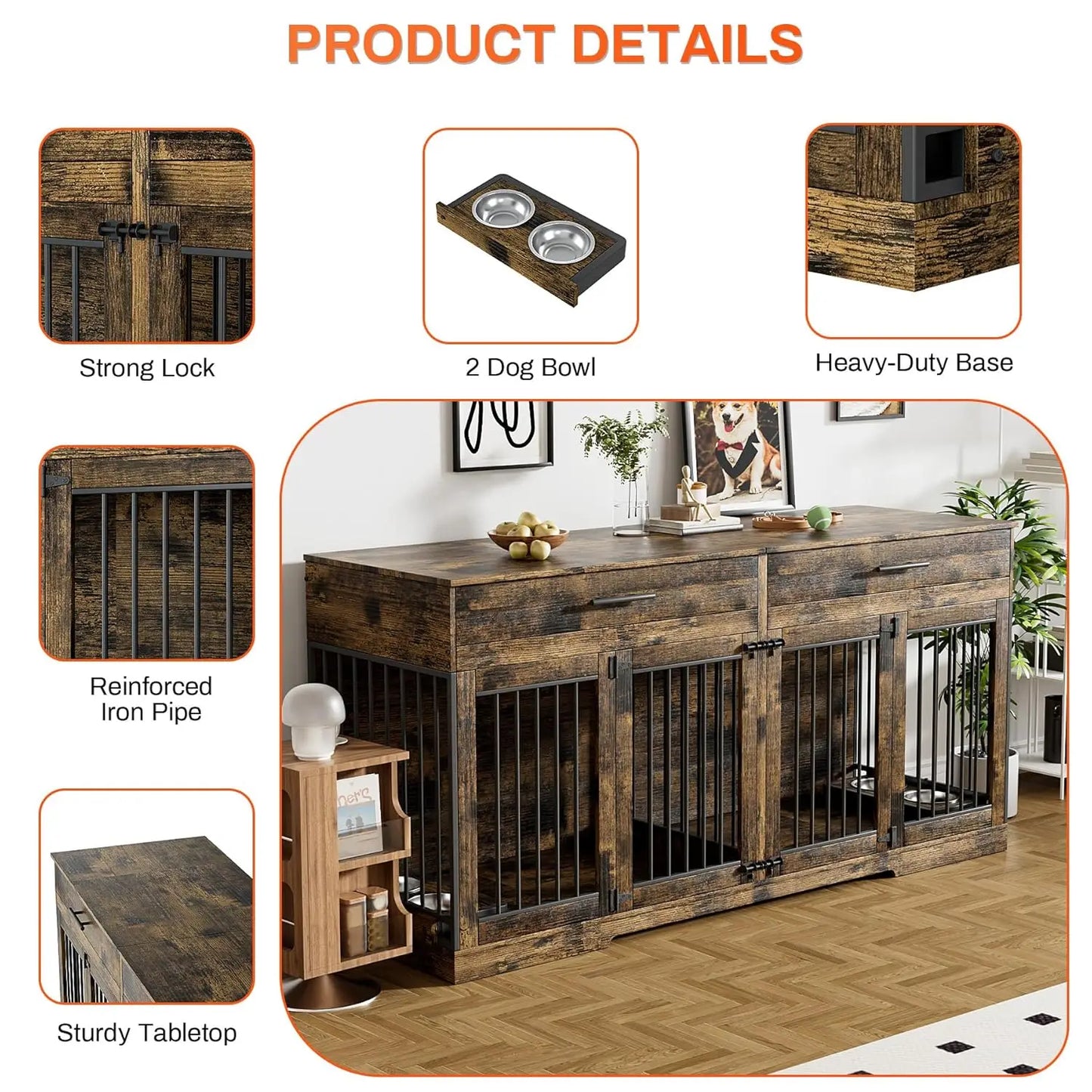 72" Double Dog Crate Furniture with Drawers & Bowls, Wooden Kennel Divider, Indoor Pet House TV Stand Medium Dogs, Custom