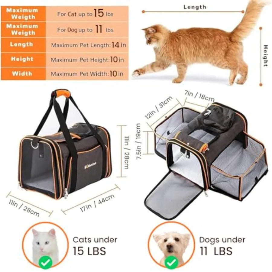 TSA Airline Approved Expandable Pet Carrier 17x11x11 5-Side Entry Soft-Sided Collapsible Cat Dog Carrier up to 15 lbs with Allo