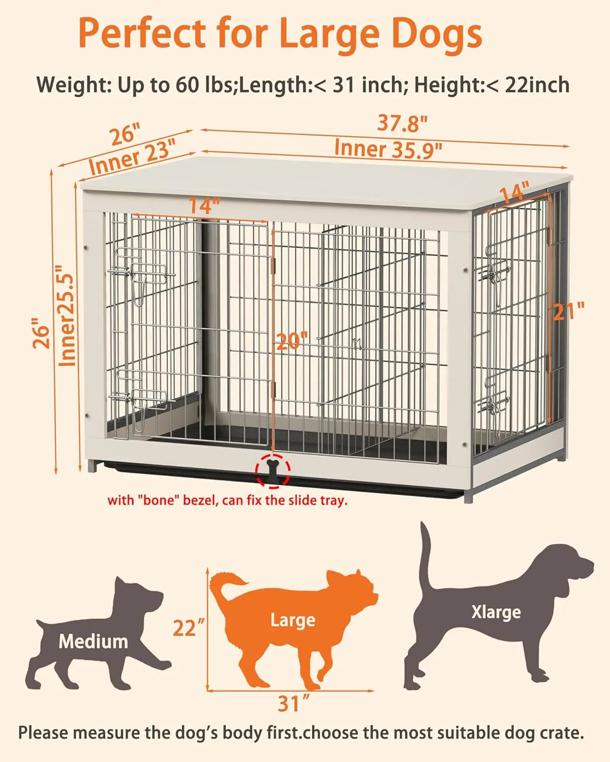 Wooden Dog Crate Furniture with Divider Panel, Double Doors End Table for Medium Dogs, Indoor Dog Kennel with Removable Tray,