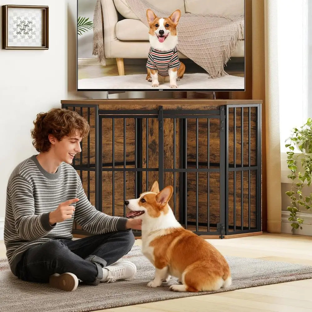 Corner Dog Crate Furniture with Barn Door, Heavy Duty Dog Kennel Indoor, Wooden Decorative Pet Cage for Small Medium Dogs, Space