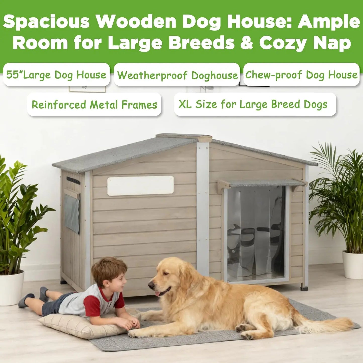 Large Dog House Outdoor Indoor -55' Weatherproof Extra XL Dog Kennel for Small to Large Sized Dogs