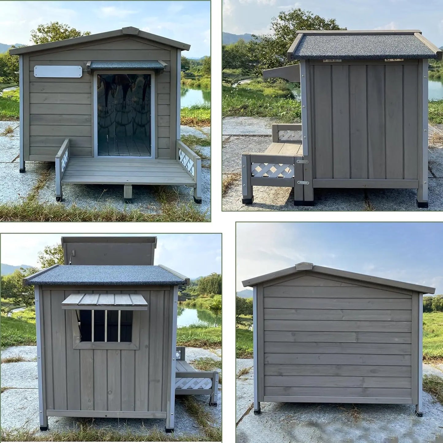 Weatherproof Dog House Outdoor Wooden Chew-Proof Iron Frame, Removable Floor and Adjustable Window for Small Medium, Customized