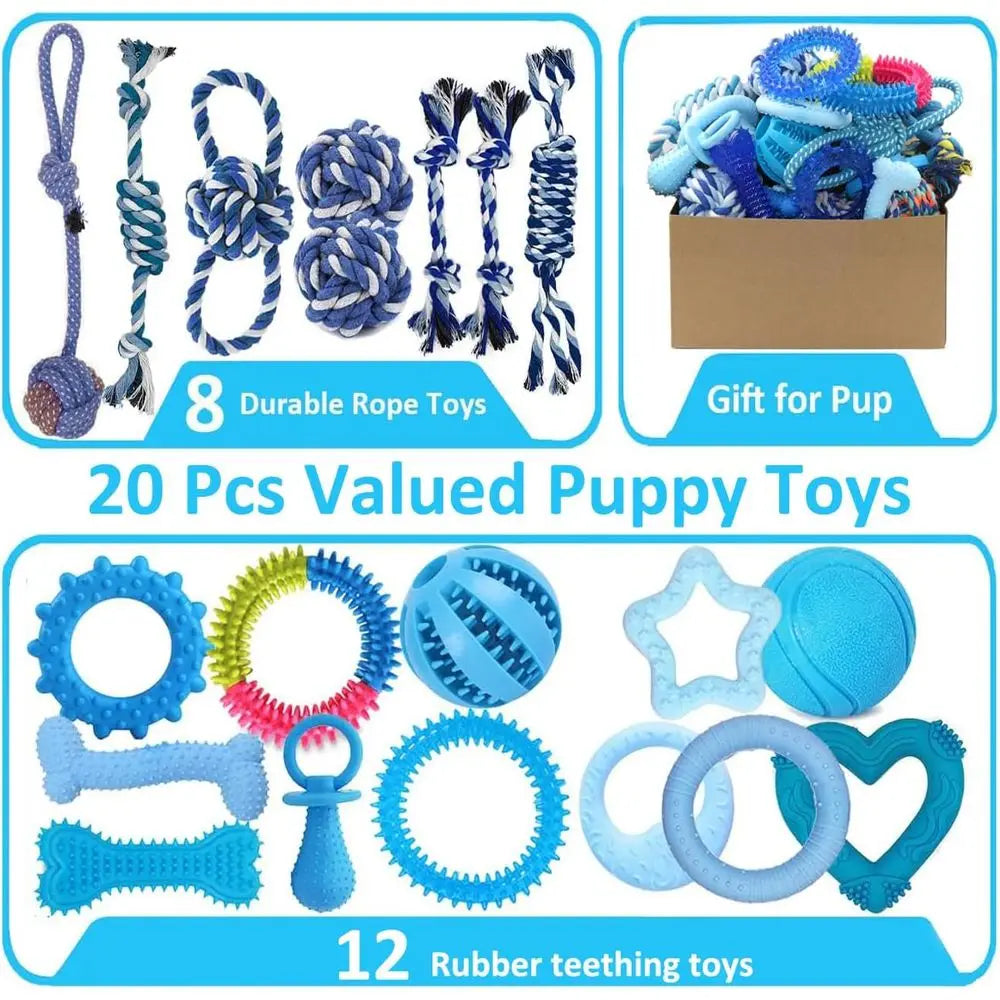20 Pack Puppy Chew Toys - Blue Dog Teething Toys for Puppies, Teething Rings and Ropes, Rubber Toy Bundle for Small Dogs, Cute I