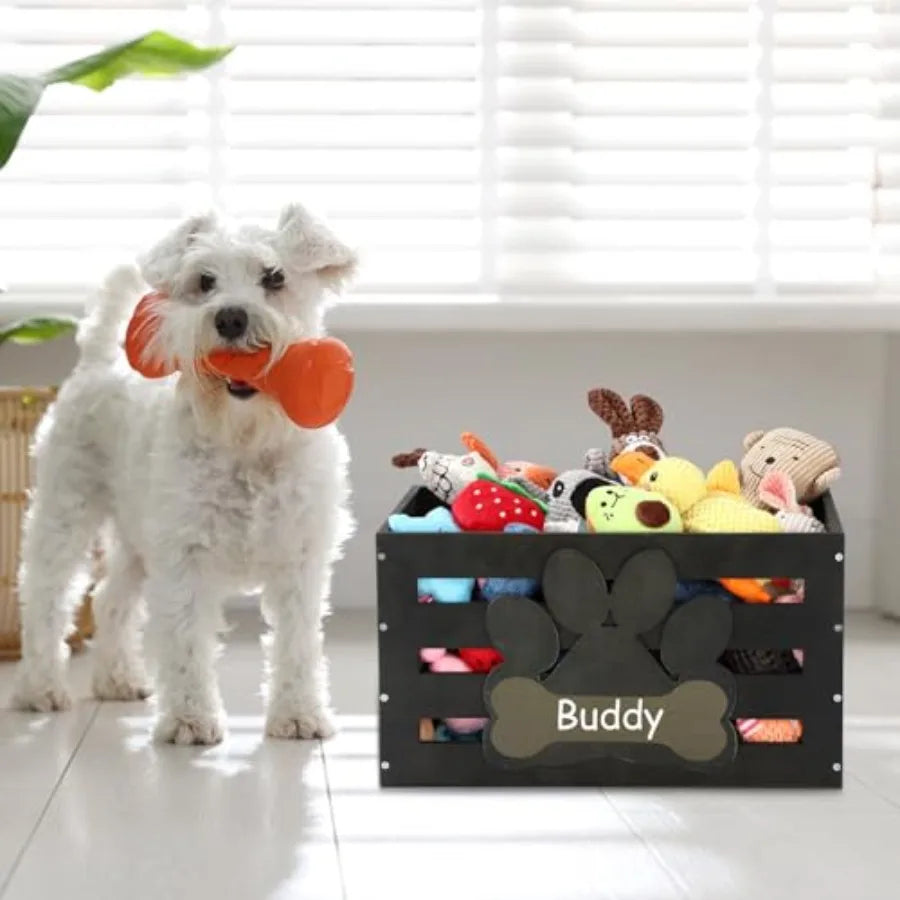 Large Dog Toy Basket Wood Dog Toy Bin Storage Baskets Box with Handles and Label Position Design Large Organizer with Paw Patte