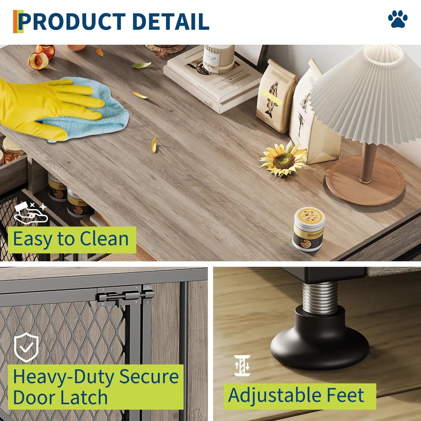 44" Heavy Duty Dog Crate Furniture With Drawers Wooden Pet Kennel Double Door Indoor Dog House End Table For Medium Large Dogs