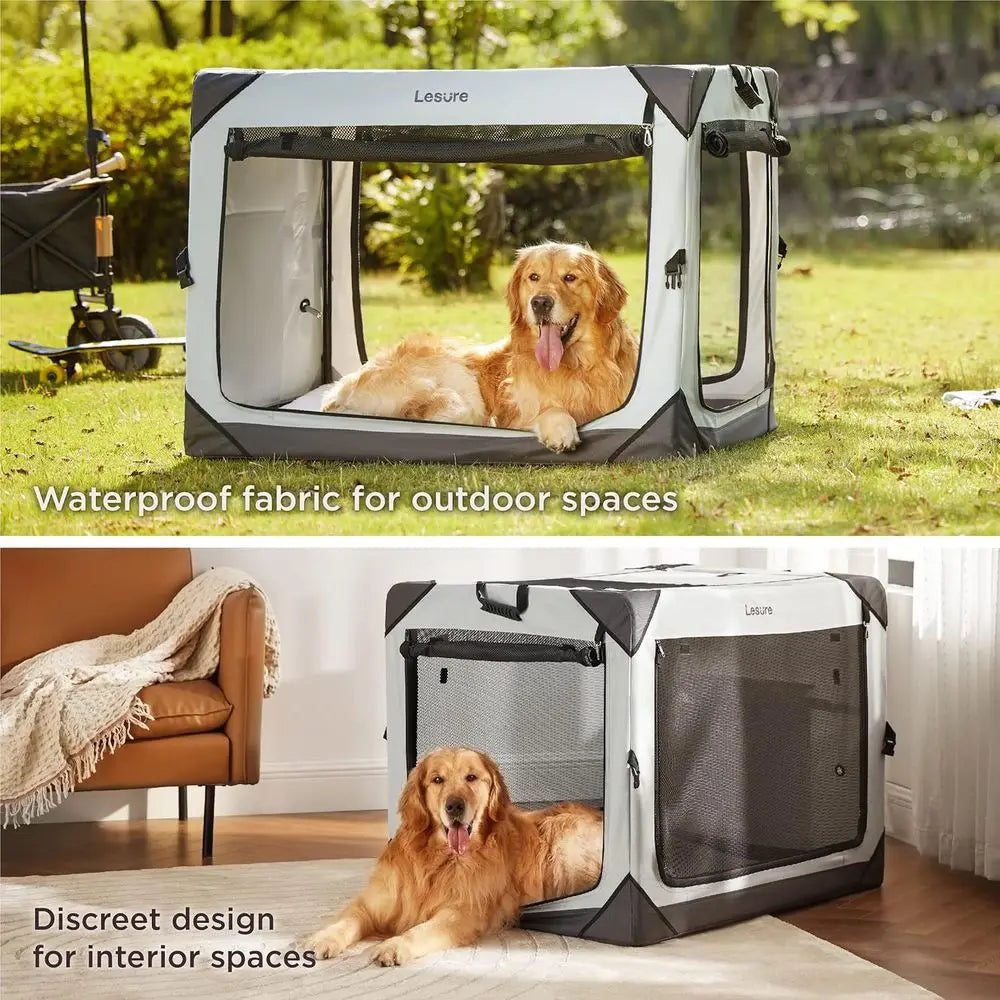 Portable Extra Large Dog Crate with 4-Door Access and Mesh Windows - Ideal for Travel and Outdoor Use in Light Gray