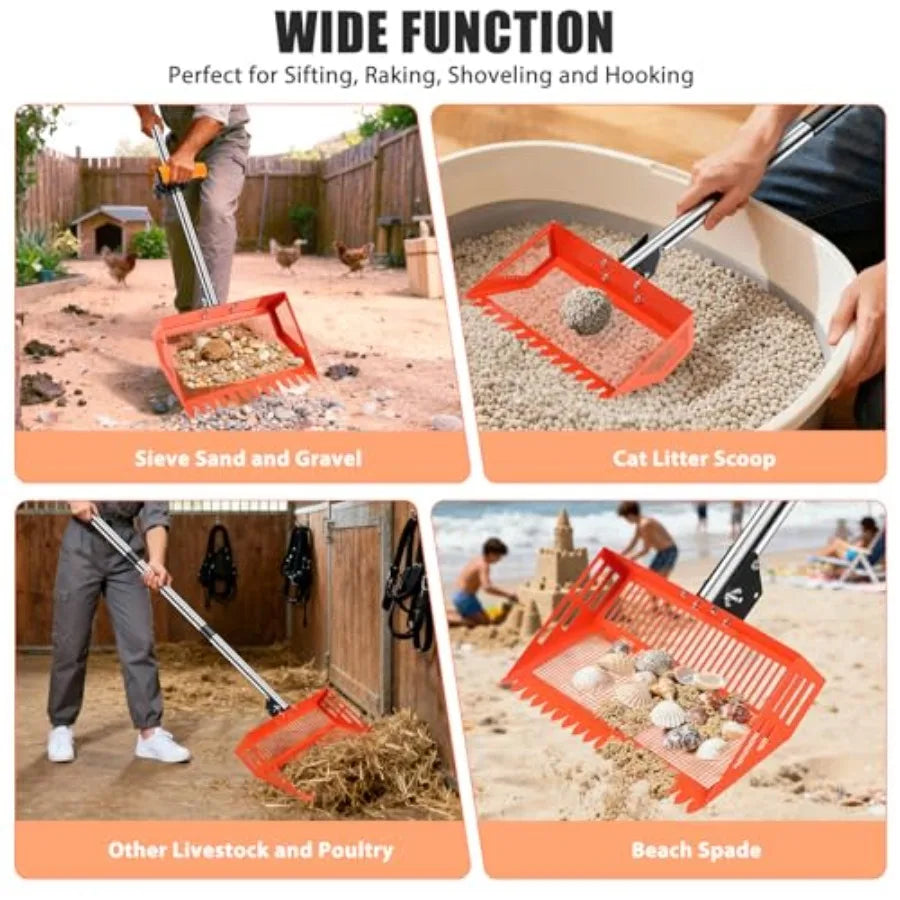 4 IN 1 Chicken Coop Scooper with 2 Large Metal Shovel Heads Long Handle Sifting Shovel for Sand Chicken Poop Scooper Rake Suita