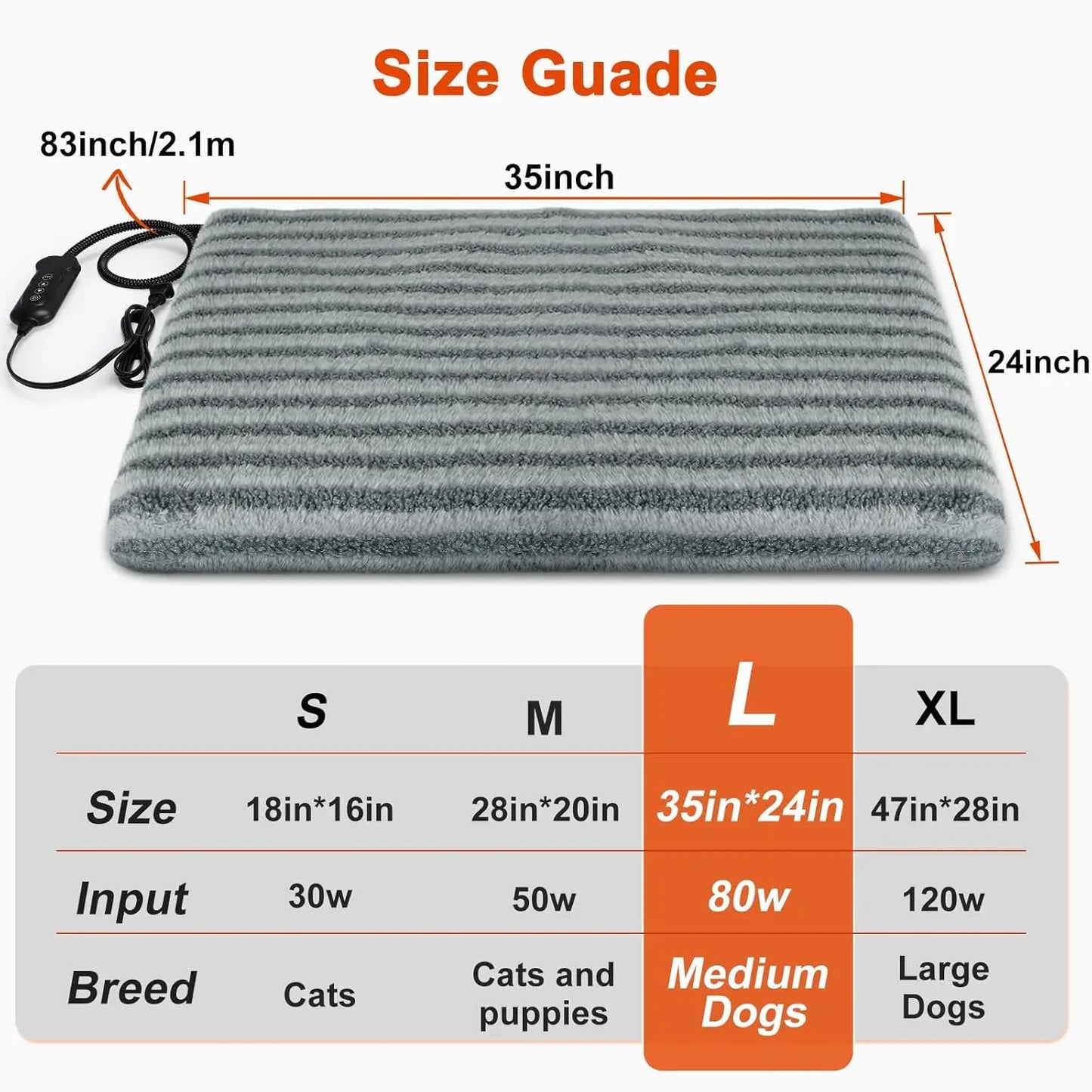 Large Waterproof Heated Pet Bed with Adjustable Temperatures, Timer & Auto Shut-Off, Chew-Resistant Cord, Washable Cover, Grey L