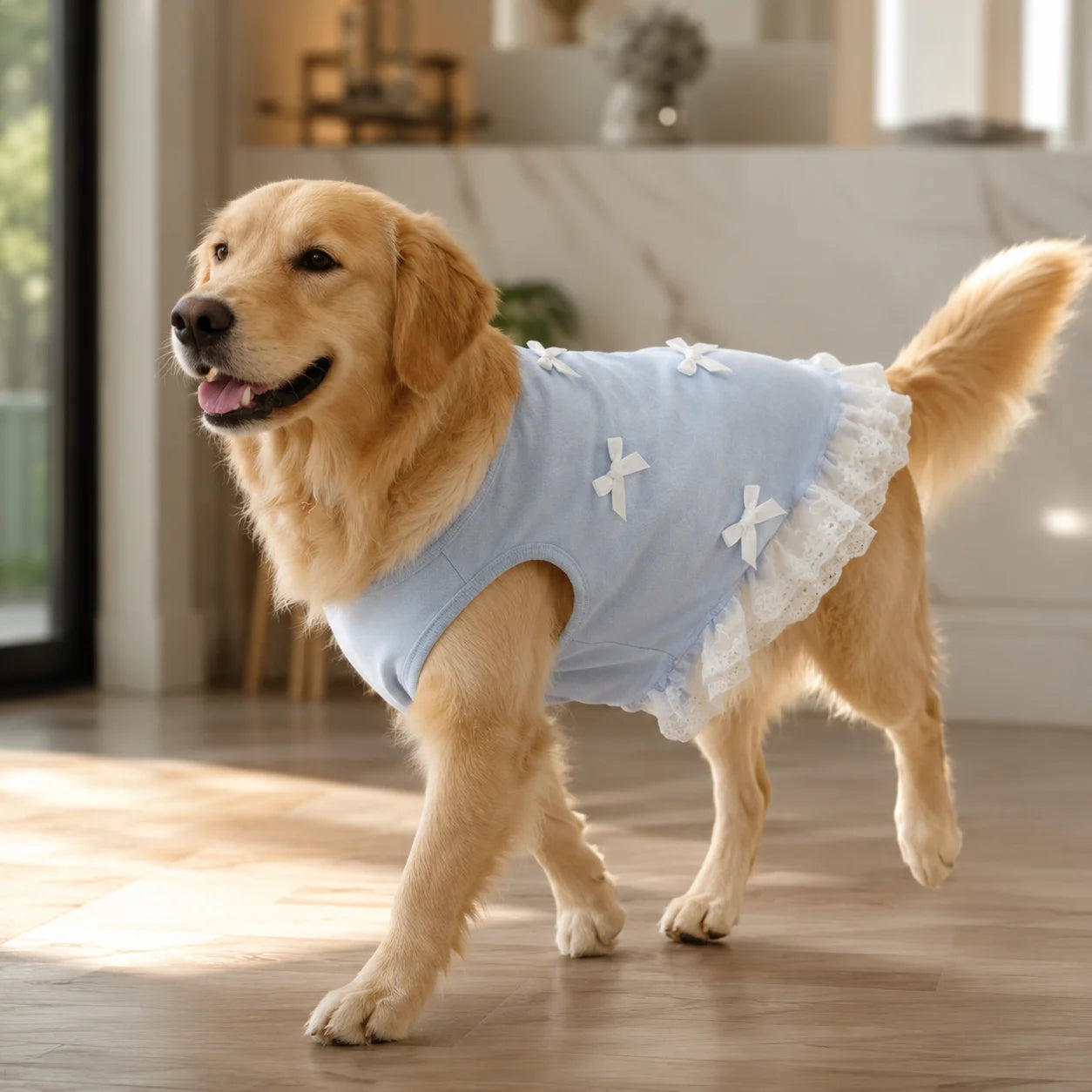 Cute Light Blue Dog Vest Shirt with Lace Hem and Bowknots, Spring Summer Outfit for Large Dogs, Labrador, Golden Retriever